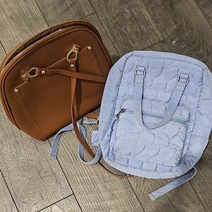 Brown Leather Handbag and Light Blue Quilted Backpack